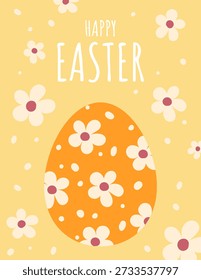 Bright Easter greeting card with floral patterned egg on yellow background. Cheerful spring illustration for holiday greetings, posters, children designs and social media posts