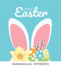 Bright Easter illustration with colorful eggs, spring flowers and Easter bunny ears on blue background