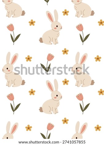 A bright Easter pattern with a cute bunny and spring flowers. Suitable for textiles, children's clothing, and wrapping paper.
