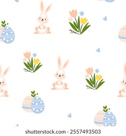 Bright Easter pattern. Seamless pattern with Easter elements: rabbits, birds, eggs, flowers, basket with flowers, hares.