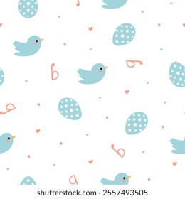Bright Easter pattern. Seamless pattern with Easter elements: rabbits, birds, eggs, flowers, basket with flowers, hares.