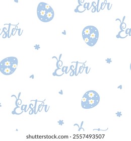 Bright Easter pattern. Seamless pattern with Easter elements: rabbits, birds, eggs, flowers, basket with flowers, hares.