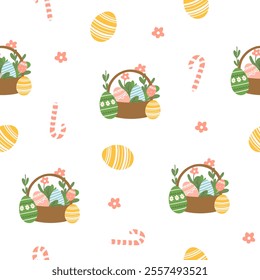 Bright Easter pattern. Seamless pattern with Easter elements: rabbits, birds, eggs, flowers, basket with flowers, hares.