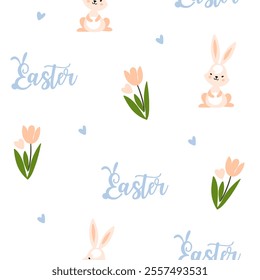 Bright Easter pattern. Seamless pattern with Easter elements: rabbits, birds, eggs, flowers, basket with flowers, hares.