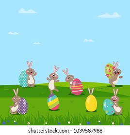 A bright Easter picture with hares. Vector flat illustration.