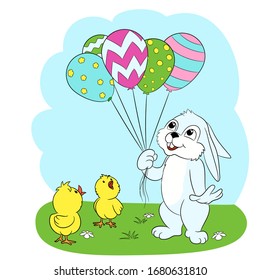 Bright Easter picture with a kind rabbit, balloons in the form of eggs and cute curious chickens.