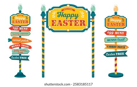 A bright Easter pointer set. Road signs with arrows - egg hunt, jelly beans, carrot patch, bunny Trail, happy Easter. Entrance gate with Easter sign.  Illustrated vector clipart.