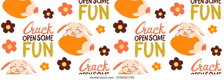 Bright Easter seamless pattern with cute rabbit on an egg. Crack open some fun lettering. Little simple flowers. Horizontal festive background for invitations. Vector flat illustration.