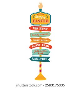 Bright Easter sign with arrows - egg hunt, jelly beans, carrot patch, bunny path, happy Easter. Easter direction sign with colored arrows and inscriptions.  Illustrated vector clipart.