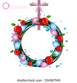 bright Easter simple wreath of green branches, blue pearl and easter eggs of different colors, weighing on the pink county white peas