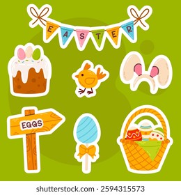 A bright Easter sticker set with a festive basket, decorated egg, cute chick, holiday cake, and directional sign on a green background. Perfect for crafts, greeting cards, and decorations.