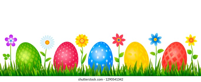 Bright Easter template for greeting cards, banners. Set of colored Easter eggs with different ornaments on a background of green grass and spring flowers on the lawn. vector illustration