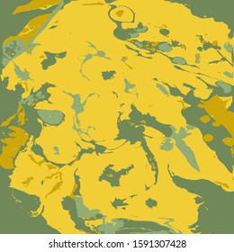 Bright ebru pattern. Drawing from yellow, green, brown shapeless spots of paint. Handwork is made of paints on the surface of the water.