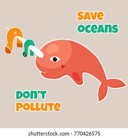 Bright eco poster Stop pollution with cute narwhal