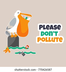 Bright eco poster Stop pollution with funny pelican