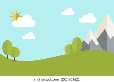 Uma paisagem luminosa e ecológica com montanhas, colinas verdes exuberantes e um céu ensolarado com nuvens fofas, simbolizando energia sustentável e harmonia ambiental.