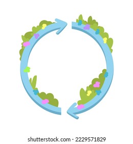 Pegatina plana ecológica brillante. Dibujo ambiental colorido con flechas, césped y flores aislado de ilustración vectorial. Protección de la naturaleza y concepto de medio ambiente