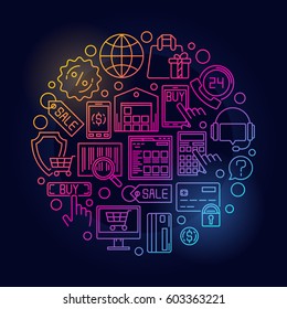 Bright ecommerce illustration. Vector colorful e-commerce round concept symbol in outline style on dark background