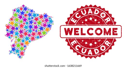 Bright Ecuador map collage of stars, and scratched round red WELCOME seal. Abstract territorial scheme in bright color tints. Vector Ecuador map is designed of color stars. Designed for political,