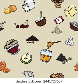 Bright editable seamless pattern with products and ingredients. Vector illustration for gift paper and background.