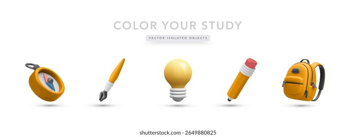 Bright Education 3D Tools Featuring Compass, Paintbrush, Bulb, Pencil, And Backpack. Ideal For Creative Learning And School Projects. Editable And Colorful Vector Illustration For Any Concept.