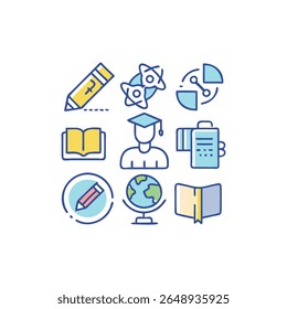 Bright education themed icons in a neat grid against a black backdrop. Illustrative flat design with clean lines and educational symbols.
