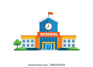 Bright educational illustration of a school building with blue central section, clock, orange banner, red flag, yellow‑roof wings, and surrounding green trees, symbolizing learning, community, and modern design.
