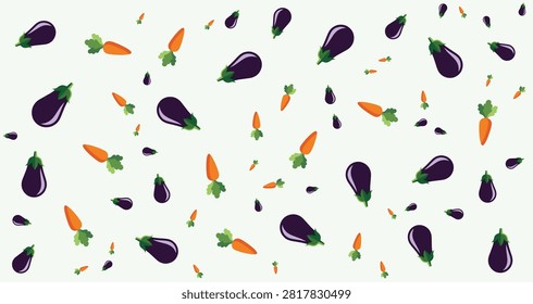 Bright eggplants and carrots scattered evenly on a white surface ideal for healthy food presentation and vegetarian cuisine themes