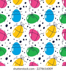 Bright eggs tied with twine. Seamless pattern with colorful Easter eggs for printing on textiles and packaging. Decorative eggs in flat cartoon style. Happy easter. Packing with cord tied in a bow