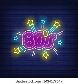 Bright eighties neon lettering with sparkles. Entertainment, party, disco design. Night bright neon sign, colorful billboard, light banner. Vector illustration in neon style.