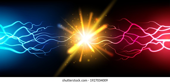 Bright electric battle concept. Abstract electrical power challenge background, bright energy burst effect collision, glowing shock lightnings strike