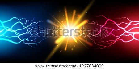 Bright electric battle concept. Abstract electrical power challenge background, bright energy burst effect collision, glowing shock lightnings strike