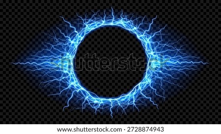 Bright electrical round discharge. Vector realistic circular lightning isolated on dark checkered background. Light-blue bright thunderstorm   forms energy electrical portal.