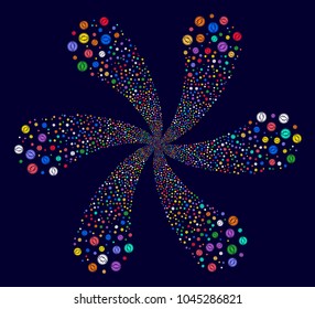 Bright Electroneum rotation flower shape on a dark background. Suggestive flower with six petals created from scattered electroneum objects.