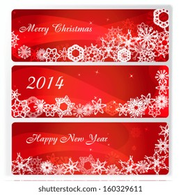 Bright elegant banner winter snowflake 2014. Christmas celebration red banner or header. Set of horizontal Christmas, New Year banners. As sign, symbol, web, label. Vector illustration. Eps 10