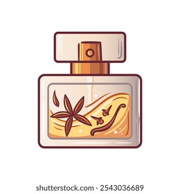 Bright elegant and beautiful perfume bottle adorned with stunning zesty design and artwork. Star anise, cloves and vanilla. Vector illustration in sketch style. For sticker, packaging, design elements