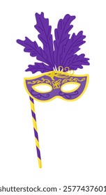 Bright and elegant carnival mask with purple and yellow details, ornate patterns, and decorative feathers attached to a striped stick, perfect for masquerades and festive celebrations.