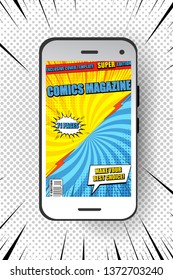 Bright elegant concept with comics magazine on mobile screen on light background with humor effects. Vector illustration