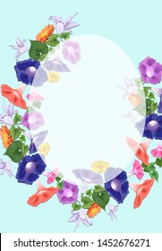 Bright elegant frame with flowers of bluebell, lily, convolvulus, multicolored festive, on a blue background with a place for an inscription congratulations