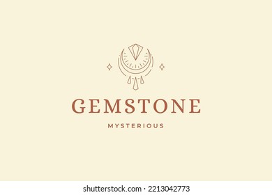 Bright elegant gem brilliant esoteric half moon spiritual meditation line art logo with place for text vector illustration. Glow gemstone diamond life balance mystery branding identification template