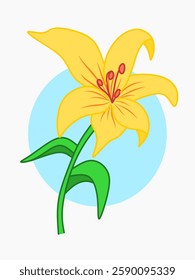 A bright and elegant illustration of a yellow lily with green leaves on a soft blue background. Perfect for floral decor and nature-themed designs.