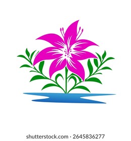 Logotipo brilhante e elegante com uma vibrante flor de lírio rosa com exuberantes folhas verdes emergindo de um reflexo de água azul estilizado, ideal para marcas de bem-estar, spa, floral ou eco-consciente.