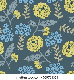 Bright elegant romantic tender colorful seamless hand-drawn floral pattern with yellow and blue flowers on a dark background. Vector illustration.