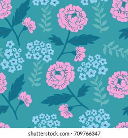 Bright elegant romantic tender colorful seamless hand-drawn floral pattern with pink and blue flowers on a mint green background. Vector illustration.