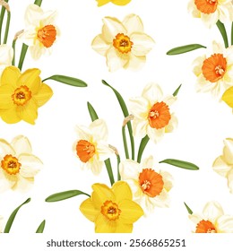 Bright and elegant seamless vector pattern featuring yellow and white daffodils with green stems on a white background.