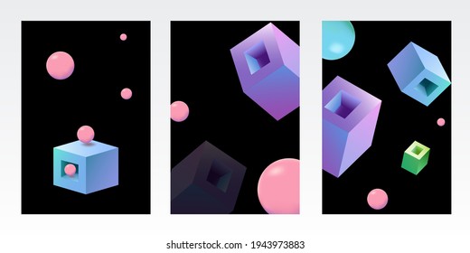 Bright Element Paper Vector Set Black Background. Chromatic Rectangle Template. Rainbow Variation Brochure. Hologram Polygon Poster.