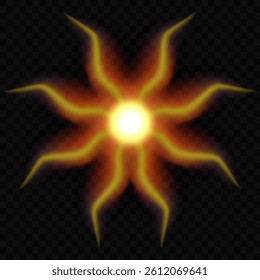 Bright element, stylized sun, star. In the center is a bright white circle, from which eight curved rays of a wave-like shape diverge.The halo is a soft yellow-orange glow.Vector illustration EPS10.