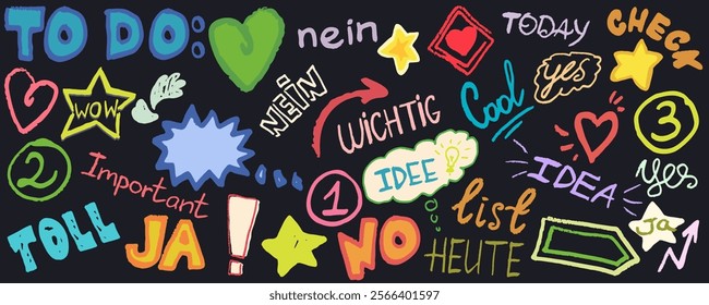 Bright elements stars, harts arrows and exclamation mark. Words in English and German. “Yes”, “no”, “important”, “today”, “cool”. Hand draw, doodle with texture, vector, isolated.