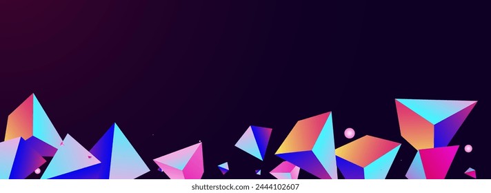 Bright Elements Vector Panoramic Dark Violet Background. Cosmic Graphic Shards Presentation. Holographic Flow Pyramid Pattern. Unicorn Polyhedron Creative Template.