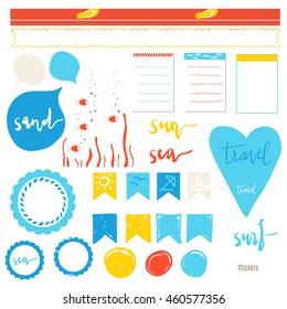  Bright elements for website design. Set scrapbooking cards, tapes, labels, labels with hand drawn textures. 